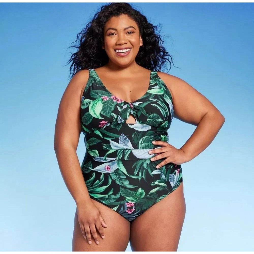 Kona Sol Tropical Leaf One-Piece Swimsuit in Black and Green